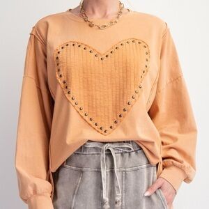 Easel Apricot Studded Heart Long Sleeve Top